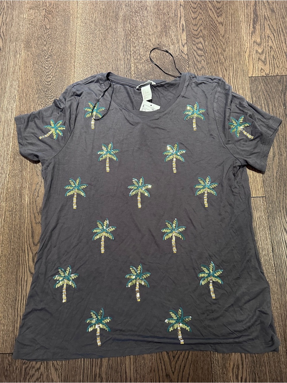 Women's Gray Palm Sequin Short Sleeve Tee